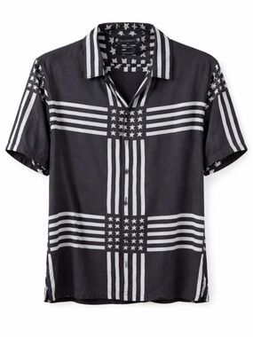 AllSaints Black and White Star-Stripe Short Sleeve Shirt